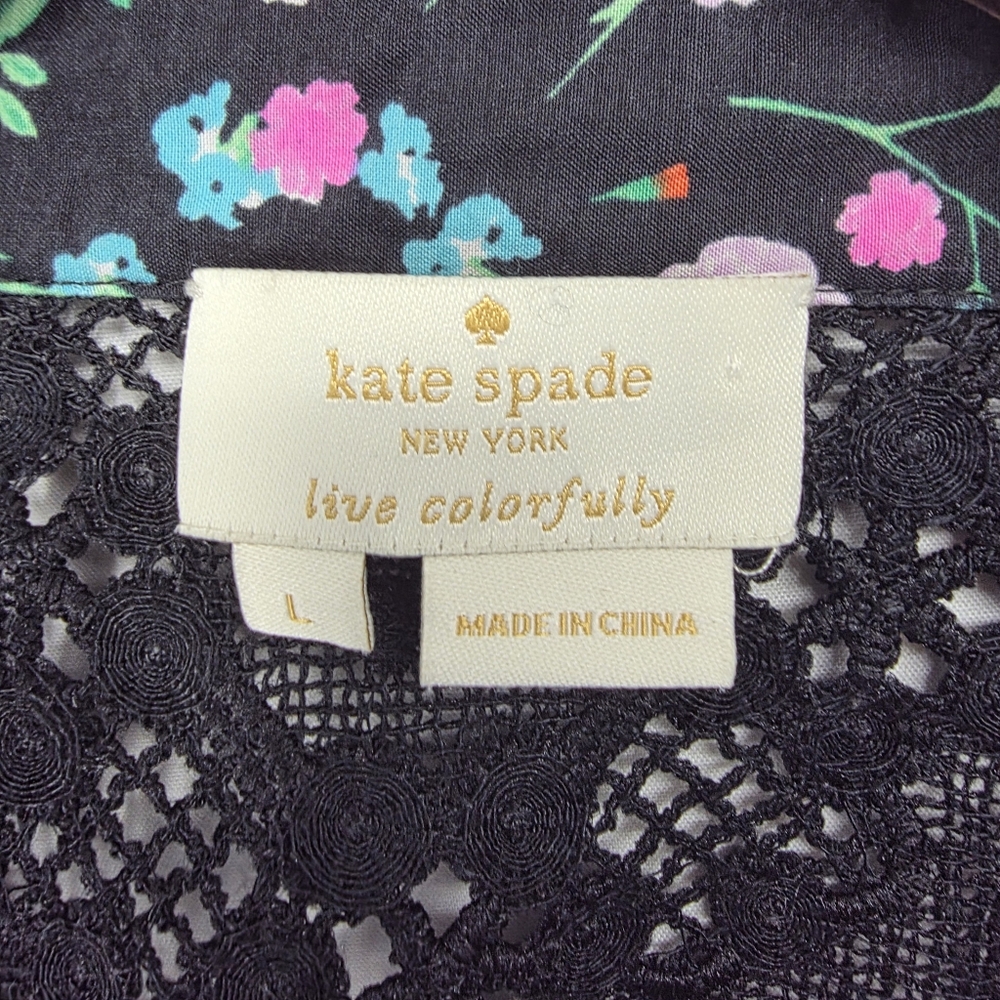 Kate Spade New York Top Black Floral Greenhouse Lace Yoke Tassels Boho Size L - Picture 11 of 12